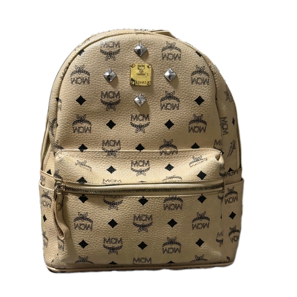 MCM Studded (Unisex) Leather Backpack Beige Silver Metal Logo Plate ( EUC)